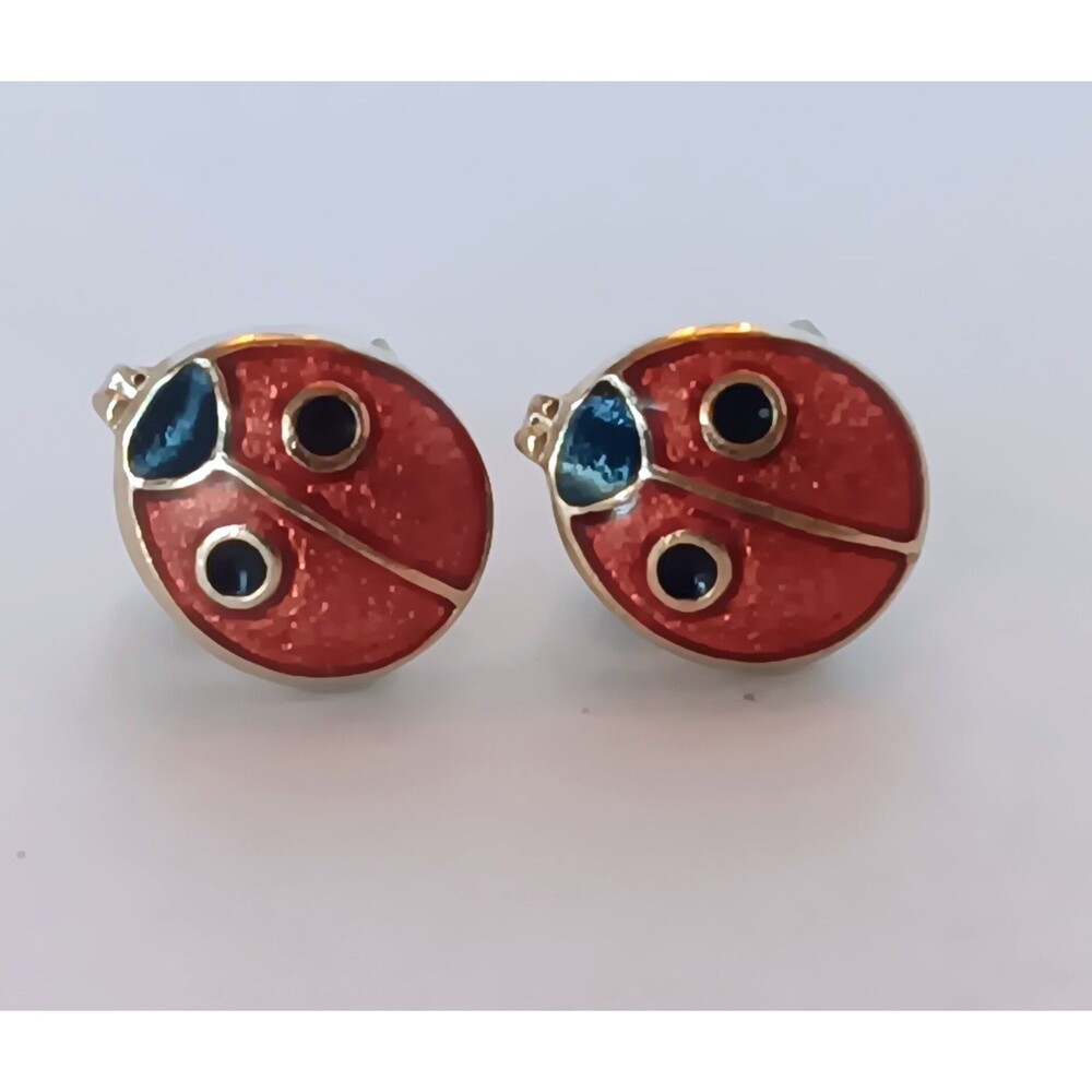 Cute Vintage Black & Red Enamel Lady Bug Gold Tone Post Earrings Avon